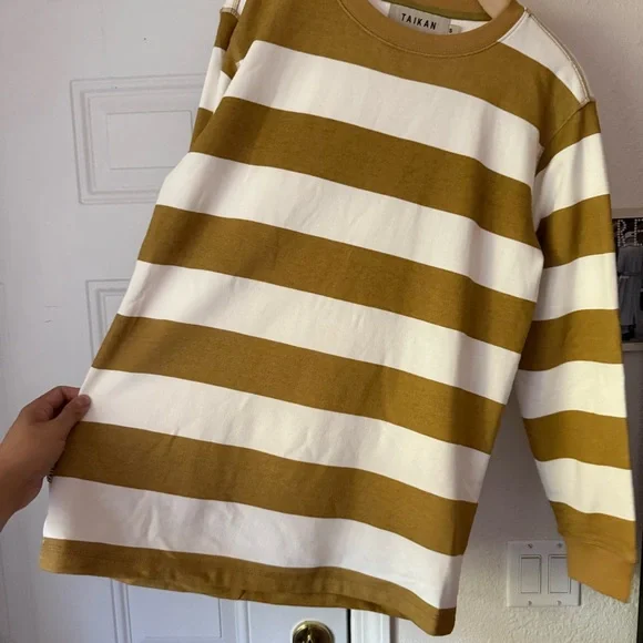 TAIKAN white mustard yellow striped cotton crew neck long sleeve pullover shirt